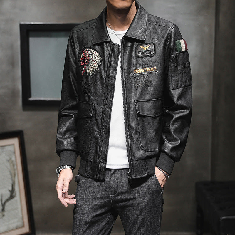 Men's Pu Leather Jacket Men's Lapel Embroidery Motorcycle Jacket