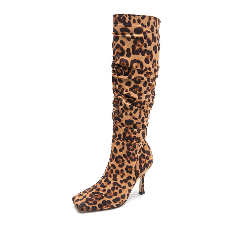 Leopard Print High-Heeled Boots Square Head Thin Heel Boots For Women New Style Autumn And Winter High-Heeled Boots Knee Boots