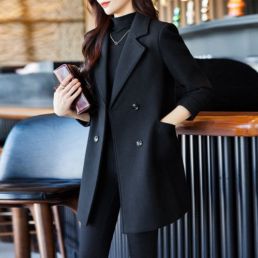 Black Double Breasted Coat Autumn And Winter New Women's Suit Jacket