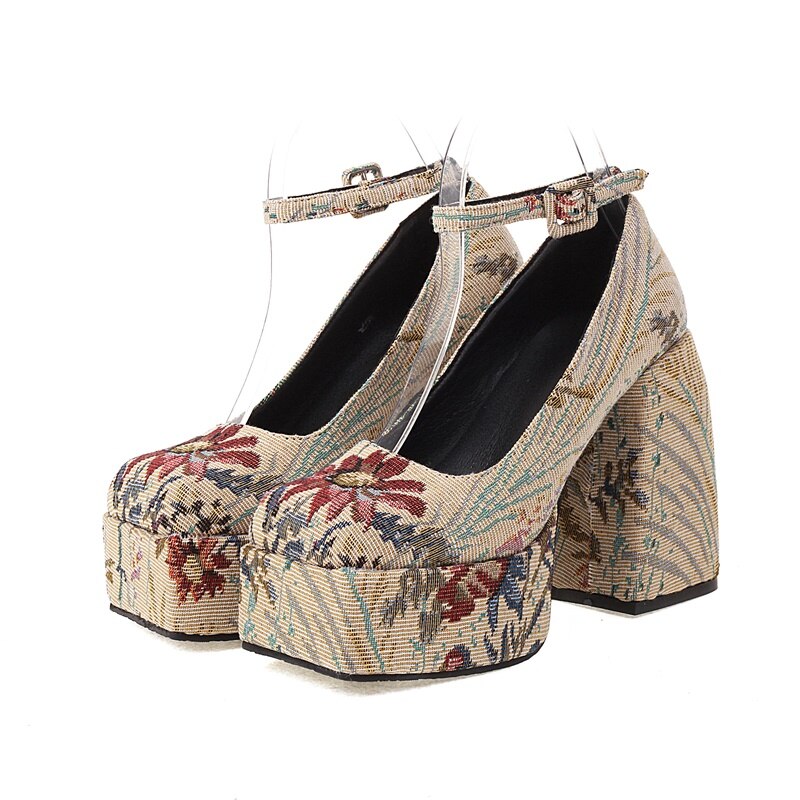 Spring New Floral Printed Square Head Platform Flat Buckle High Heel Sandals