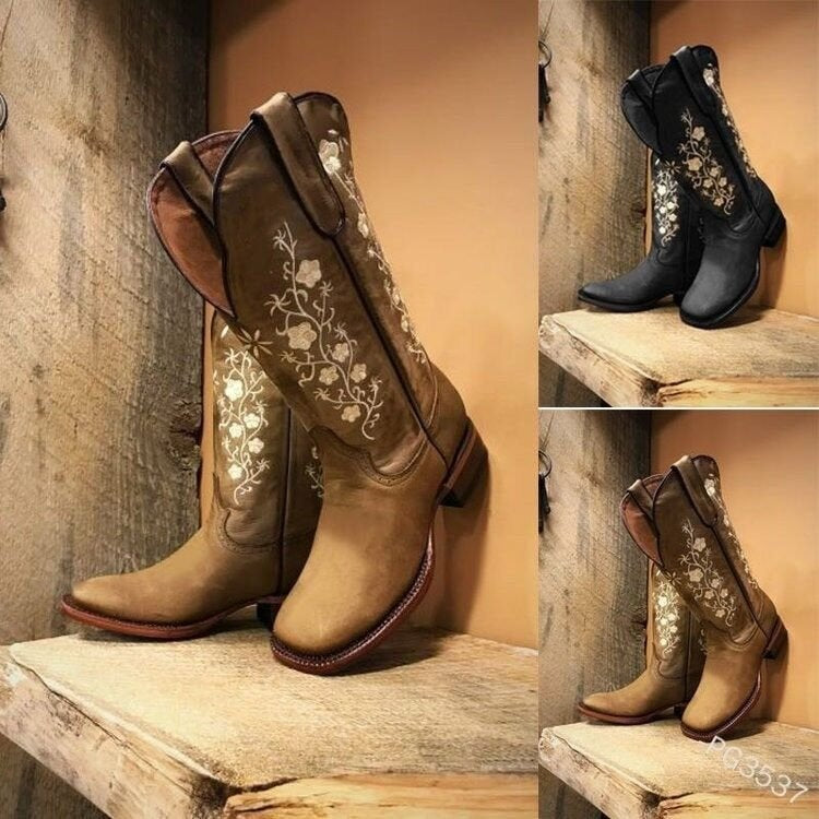 Round Toe Retro Embroidered Knight Boots
