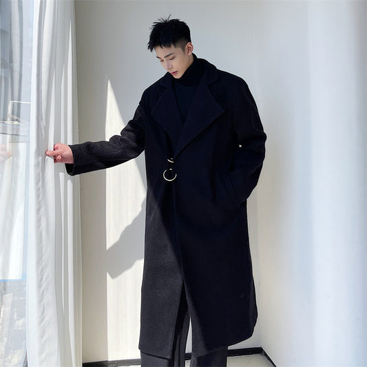 Men's Long Woolen Coat With Big Metal Circle