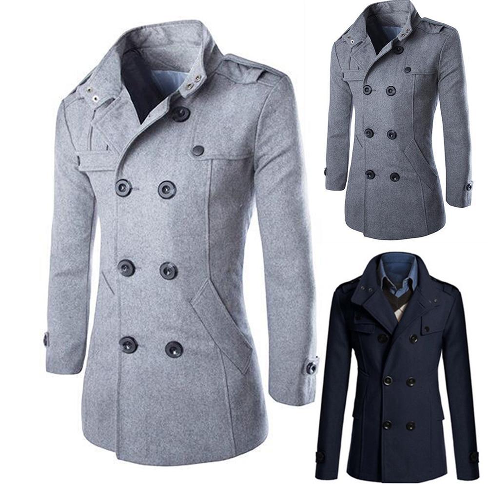 Men's Stand Collar Long Sleeve Wool Trench Coat