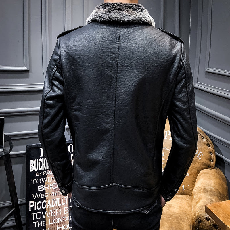 Lamb fur lapel motorcycle leather jacket