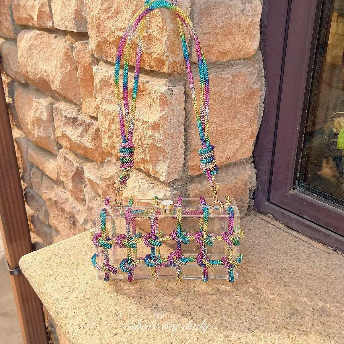 Shiny Dull Diamond Transparent Acrylic Box Banquet Rhinestone Hand Woven Rope Small Square Armpit Bag
