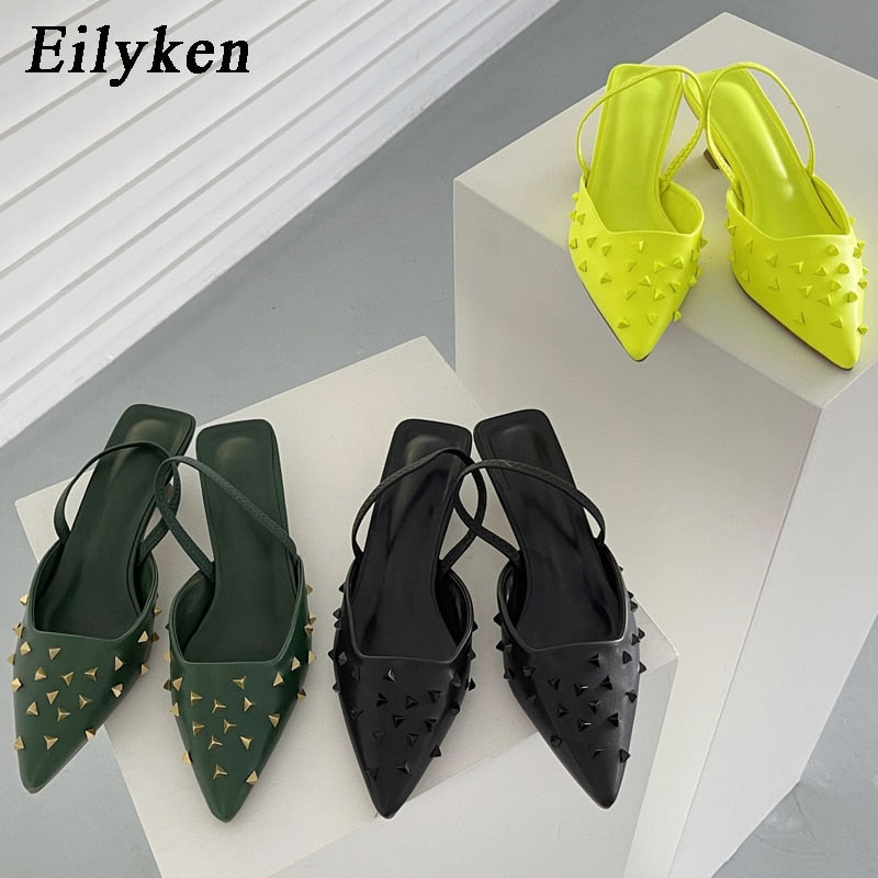 Summer Women Pumps Shoes Solid Color Rivet Pointed Toe Low  Heel Slip On Mule Ladies Office Shoes Large Size  40