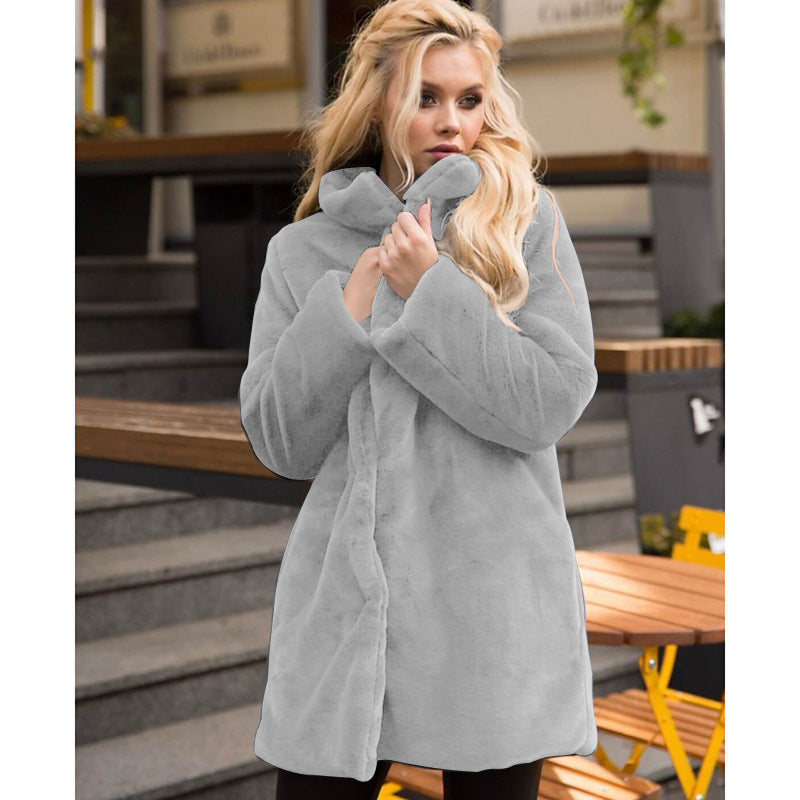 Stand-up Collar Winter Faux Fur Coat Mid-length