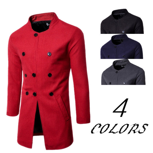 New Men's Fashion Slim Neck Three Row Woolen Coat