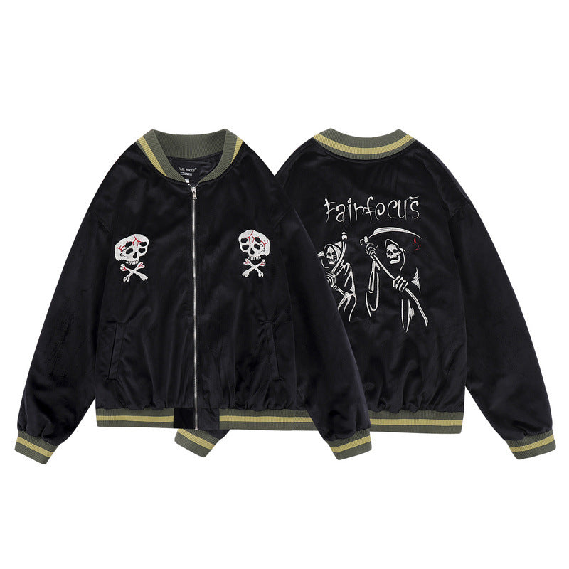 Vintage Skeleton Embroidery Baseball Jacket Male