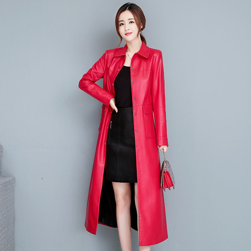 Ladies Fashion Thin Leather Trench Coat Coat