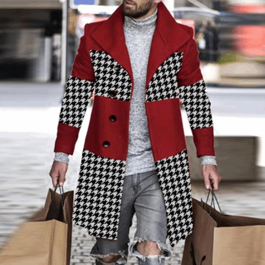 Autumn And Winter New Men's Printed Panel Contrast Woolen Top Coat