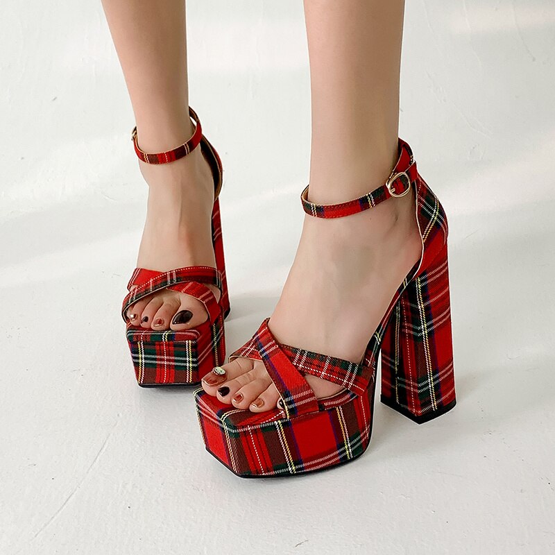 Spring And Summer New Square Toe Open-Toe Plaid Graffiti Waterproof Platform Hollow Thick Heel High-Heeled Sandals