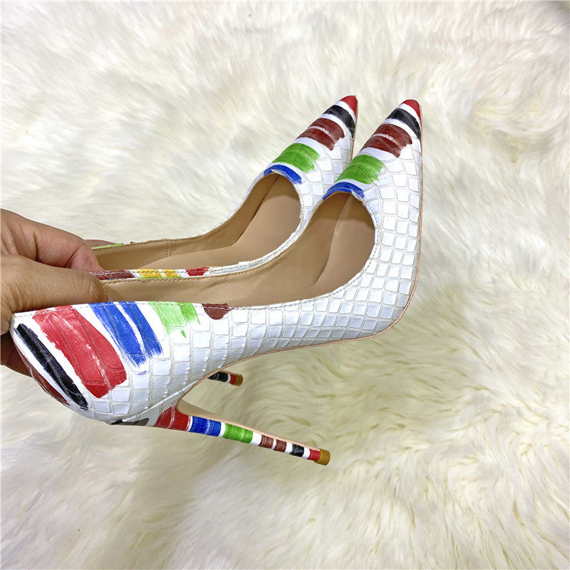 New Snakeskin Pattern Color Graffiti High Heels 12cm 10cm 8cm Pointed Toe Stiletto Pumps