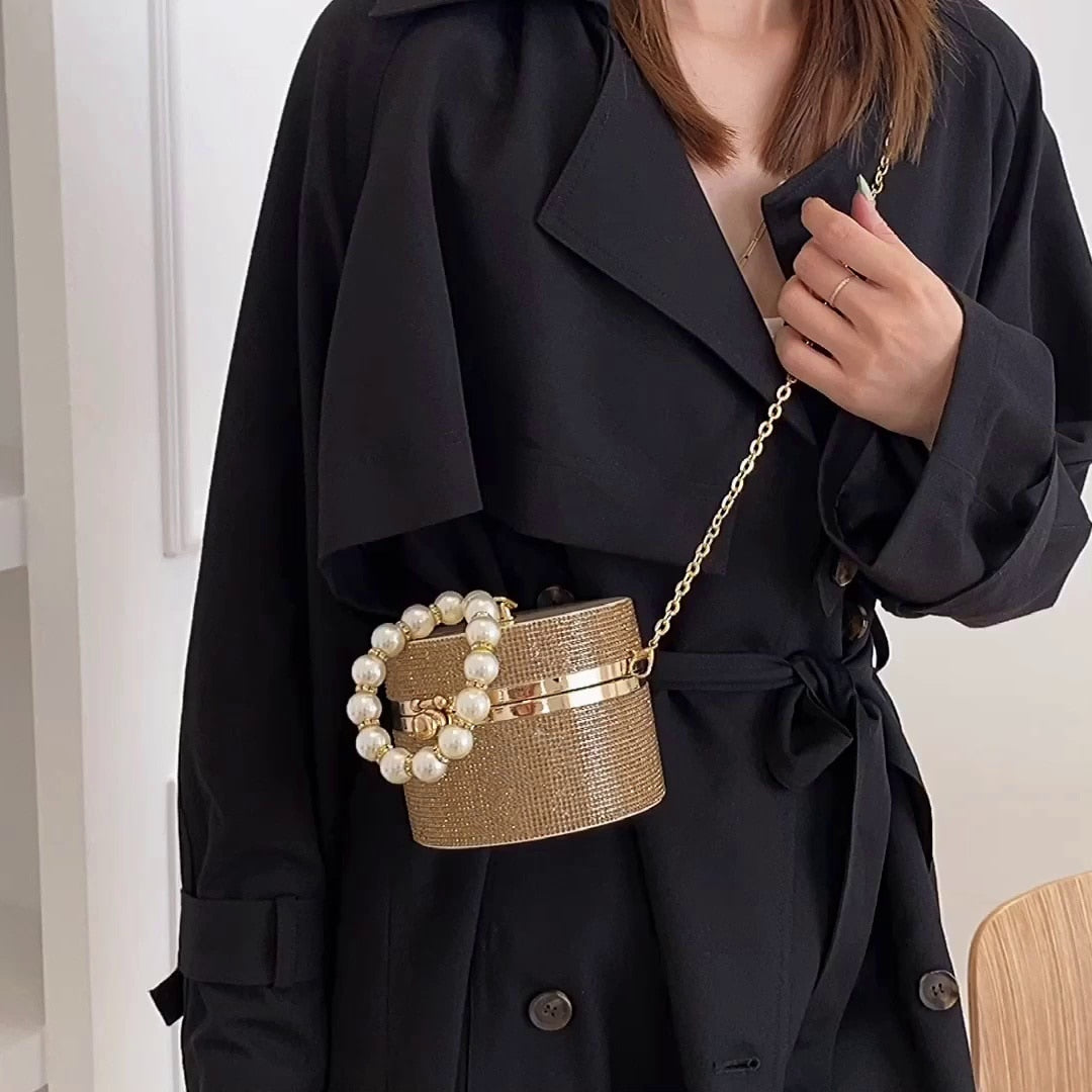 Round Party Clutch for Women Pearl Handle Small Bag