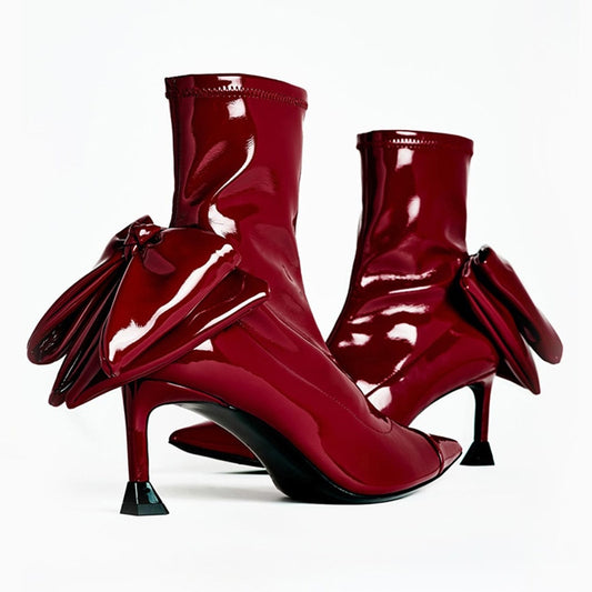 New Stiletto Bow Wine Red Elastic Ankle Boots Fashion Women's Boots Plus Size Women's Shoes