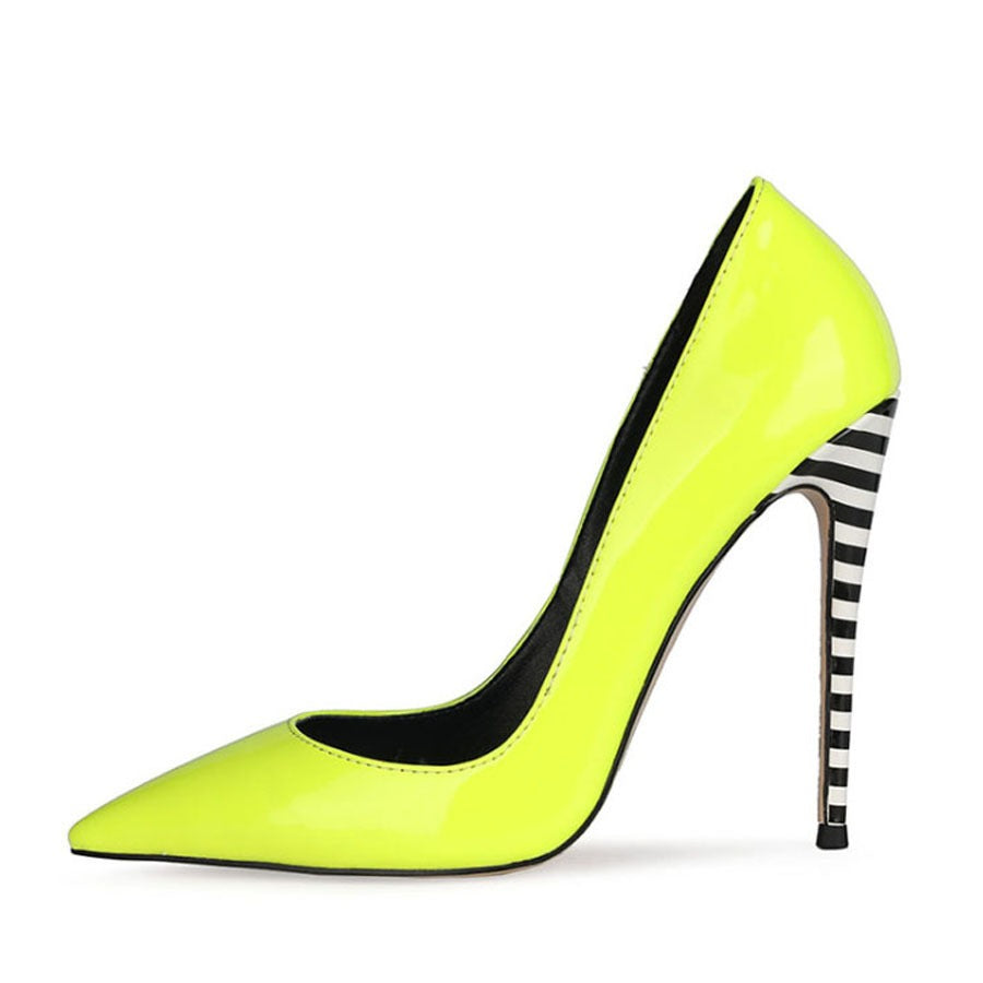 Thin Heeled High Heels, European and American Pointed Patent Leather Color Matching Light Cut Large Size Single Shoes