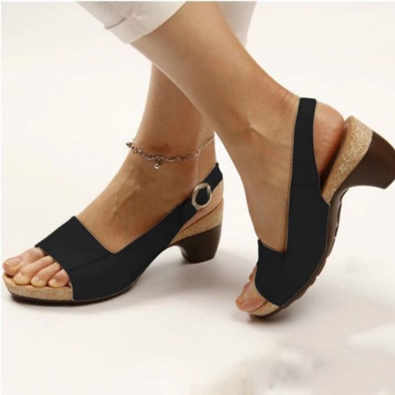 Summer New Women's Shoes Solid Color Coarse Heel Buckle Sandals 35-43 Plus Size Shoes