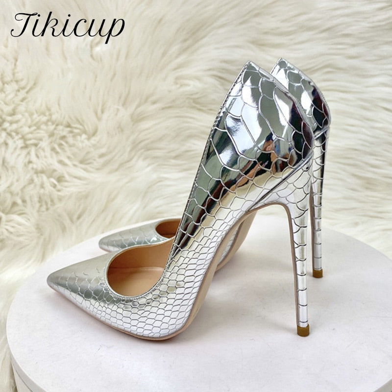 Tikicup Silver Embossed Crocodile Effect Women Sexy Pointy Toe High Heel Party Shoes Bling Shiny Fashion Designer Stiletto Pumps