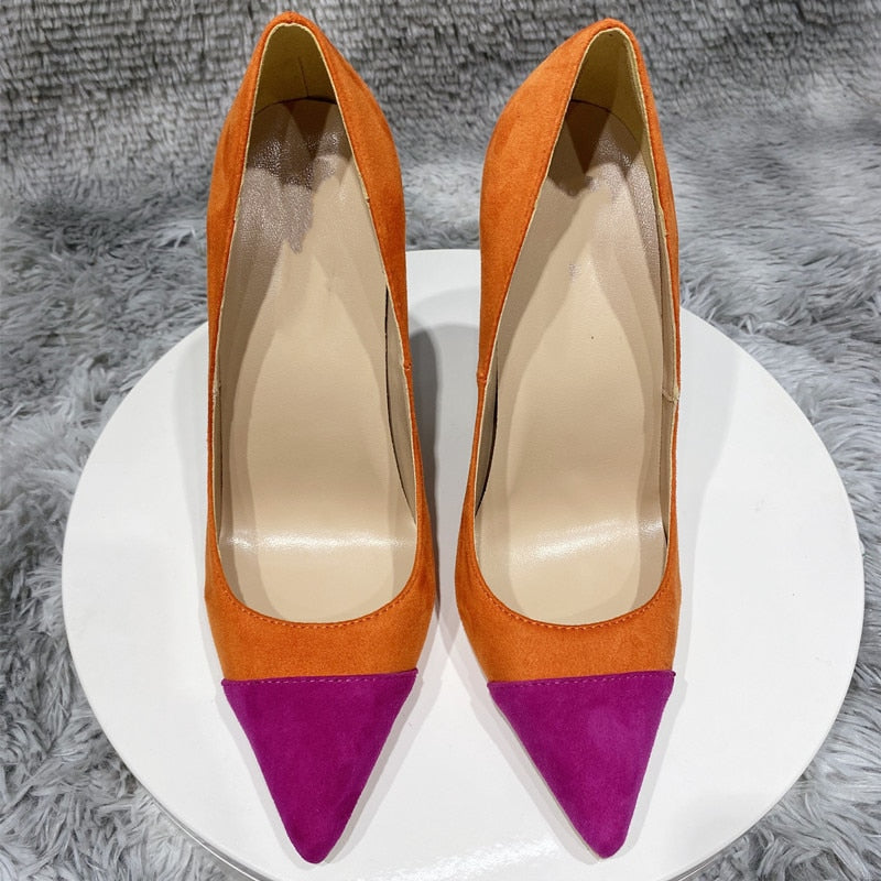 Tikicup Orange Purple Patchwork Women Flock Pointy Toe 8-12cm High Heel Shoes Faux Suede Elegant Stiletto Pumps Small Size 33 45