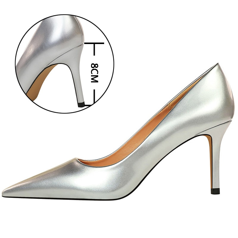 Simple High Heeled Glossy Patent Leather Shallow Mouth Pointed Sexy Thin Professional OL High Heeled Shoes