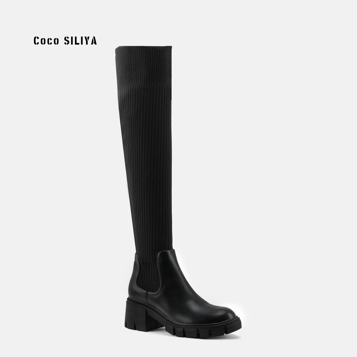 Long Boots Female Thick High Heel Nude Color Stretch Boots Autumn And Winter New Knee-High Boots