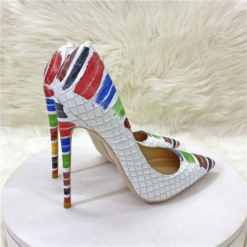 New Snakeskin Pattern Color Graffiti High Heels 12cm 10cm 8cm Pointed Toe Stiletto Pumps