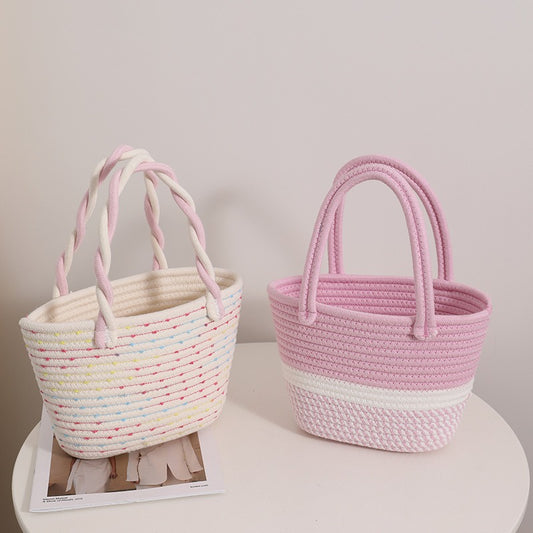 Pink Twist Portable Cotton Thread Woven Bag New Small Fresh Hand Carry Ladies Bag Holiday Beach Bag Picnic Basket
