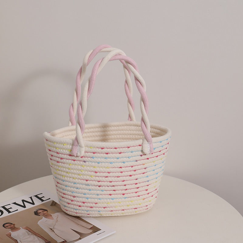 Pink Twist Portable Cotton Thread Woven Bag New Small Fresh Hand Carry Ladies Bag Holiday Beach Bag Picnic Basket