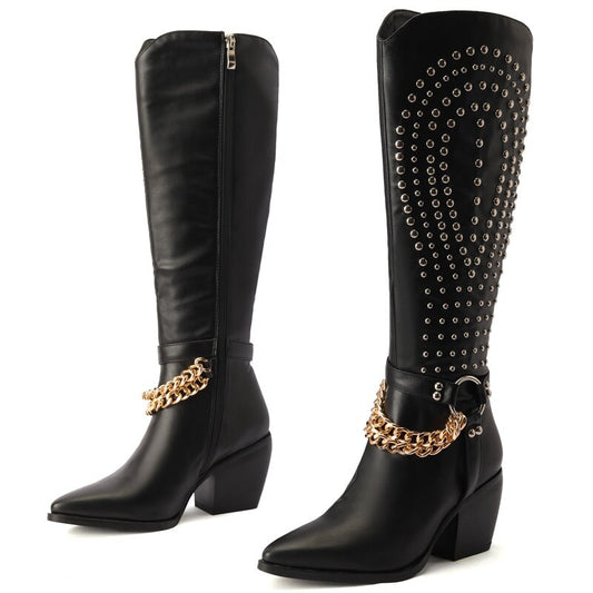 Show Chain Pointy Toe Thick Heel Side Zipper Paris Show Synchronized Boots Metal Rivet Motorcycle Boots