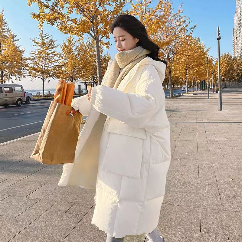 Milk Yellow Down Cotton Jacket For Women Medium Long Winter Style Chic Loose And Thickened Cotton Jacket