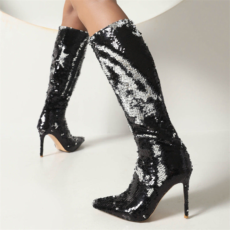 Women's Shoes Newest Zipper Super High Thin Heels Pointed Toe Bling Gold Silver Dress Party Lady Shoes Knee High Boot