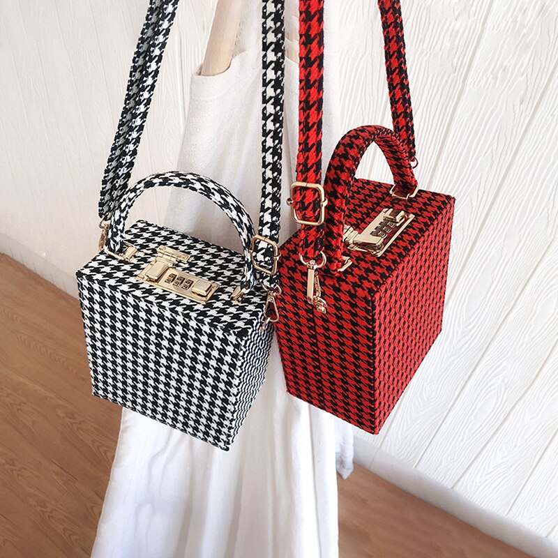With Code Lock Houndstooth Box Shoulder Bag New Elegant Korean Purses And Handbags Female Big Square Crossbody Retro Bag