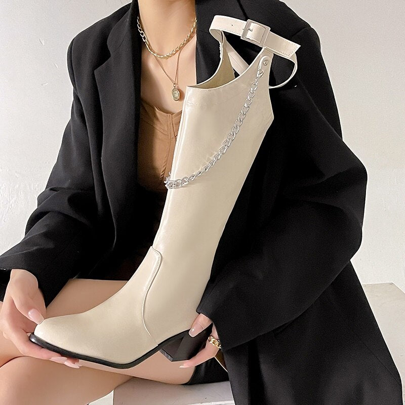 Temperament Pointed Chelsea High Heel Fashion Boots Autumn and Winter New Style Belt Buckle Metal Chain Long Women's Boots