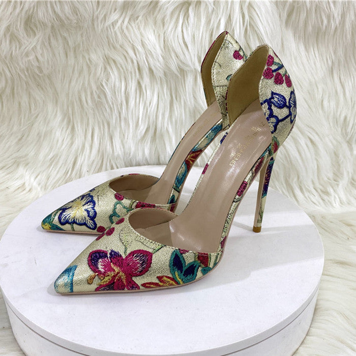 New Gold Embroidered Hollow High Heel Shoes 12CM 10CM 8CM Pointed Thin High Shallow Mouth Single Shoes