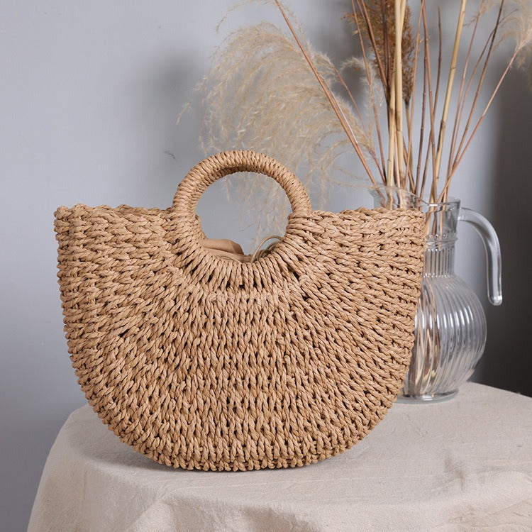 Women handmade round woven straw beach tote bags summer rattan handbag ladies weave straw bag