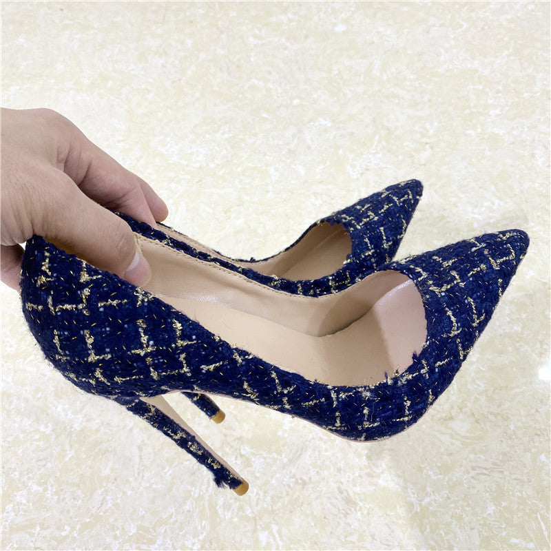 New Woven High Heels 12CM Pointed Toe Stiletto Pumps All-Match Women's Shoes