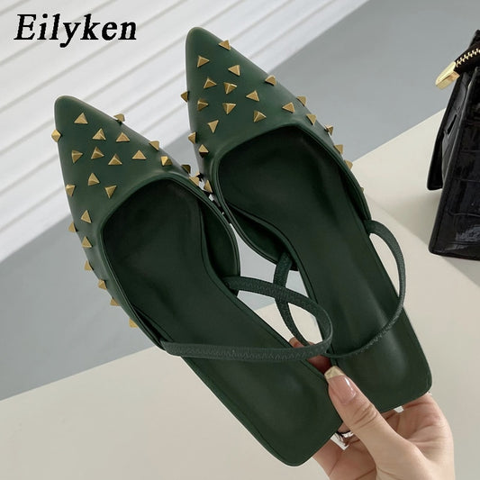 Summer Women Pumps Shoes Solid Color Rivet Pointed Toe Low  Heel Slip On Mule Ladies Office Shoes Large Size  40