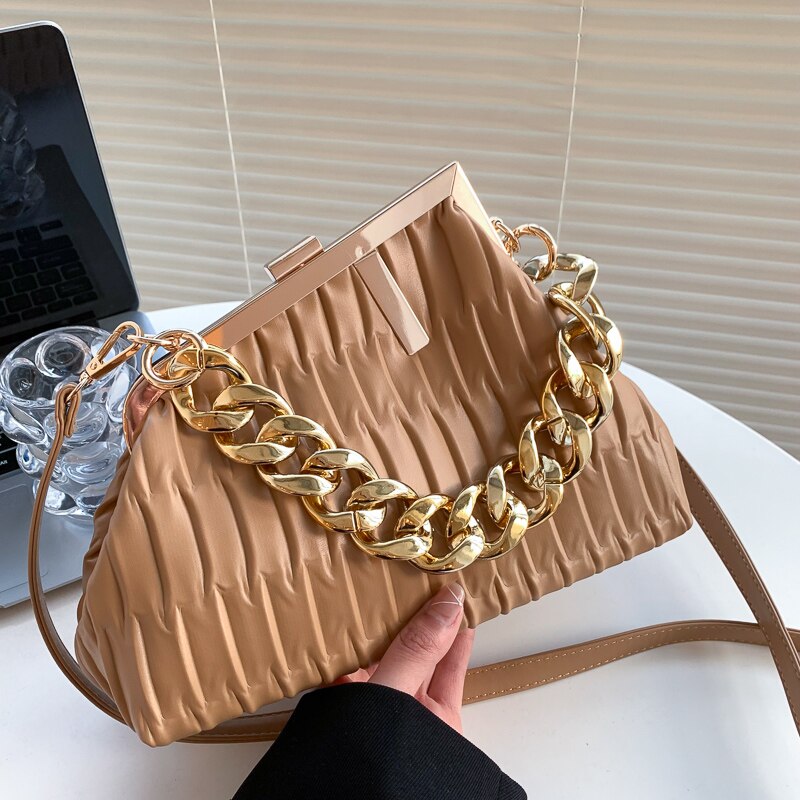 Women's Bag Trend Fashionable Thick Chain Crossbody Bags Striped Leather Ladies Hand Bags Luxury Evening Shoulder Bag Woman