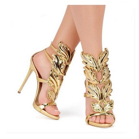 Leather Sandals Women Gold Leaf Flame Gladiator Sandal Shoes Party Dress Shoe Woman Patent High Heel Sandals