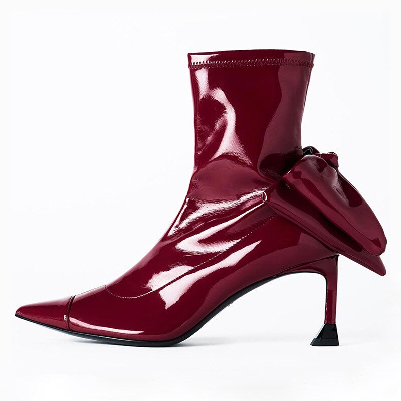 New Stiletto Bow Wine Red Elastic Ankle Boots Fashion Women's Boots Plus Size Women's Shoes