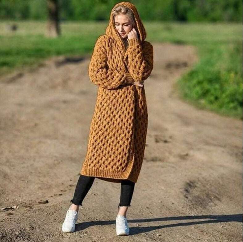 Autumn and Winter Warm New Solid Color Women's Long Knitted Sweater Hooded Cardigan Coat
