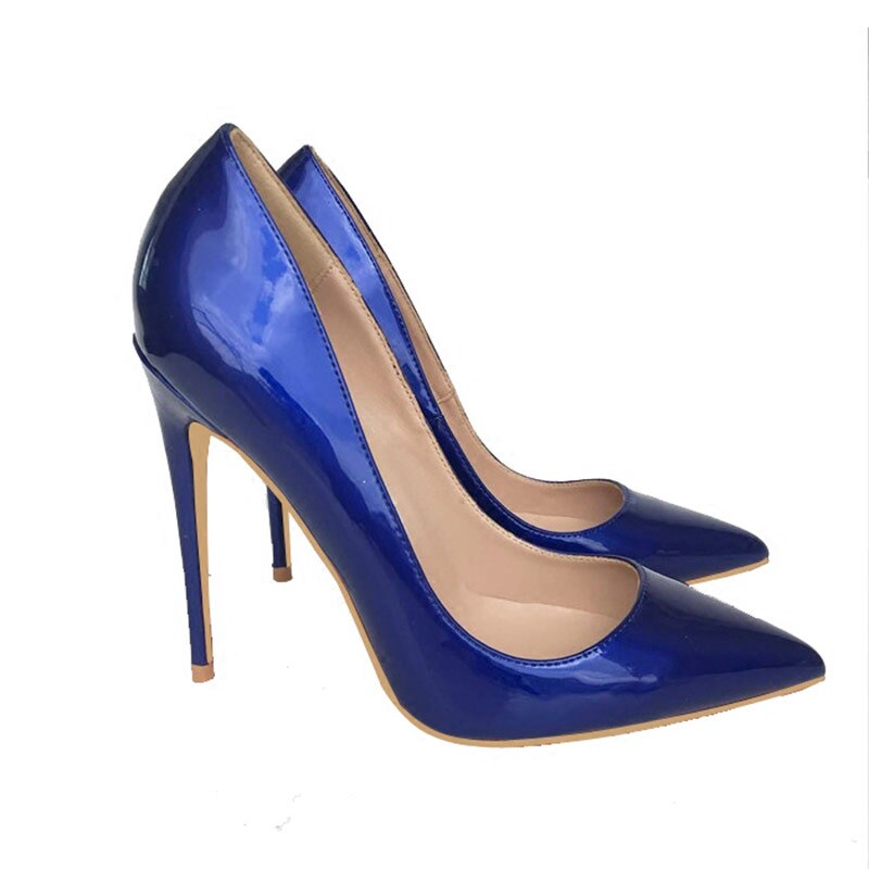 Tikicup Dark Blue Women Patent Pointed Toe Stiletto High Heels Elegant Ladies Slip On Wedding Pumps Shoes Plus Size 34-45