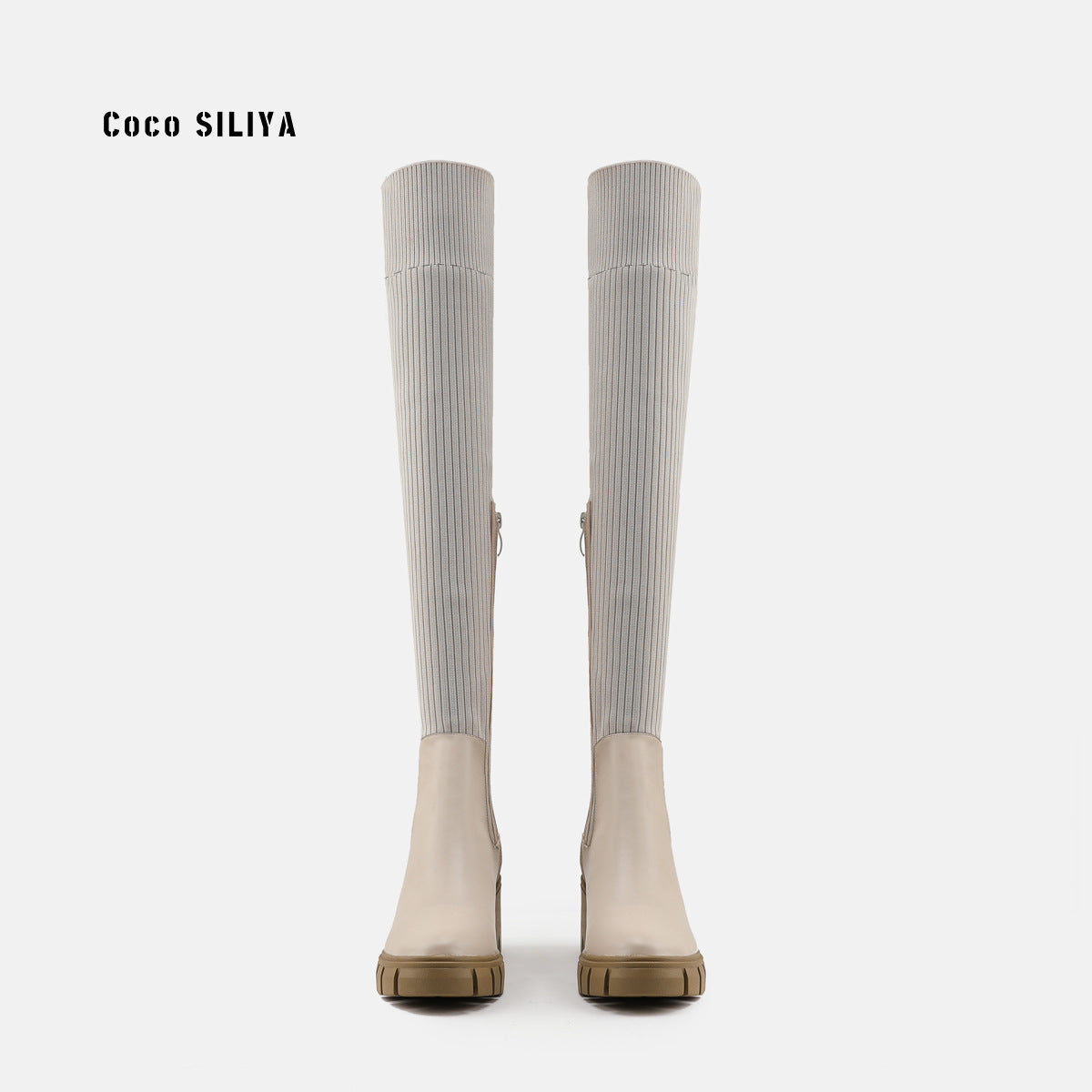 Long Boots Female Thick High Heel Nude Color Stretch Boots Autumn And Winter New Knee-High Boots