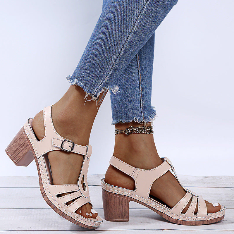 Summer New Sandals Women's Metal Buckle Stitching Hollow Thick High-Heeled Comfortable Large Size Sandals