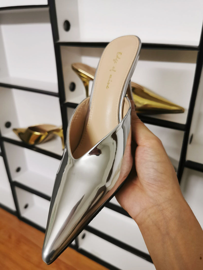 V-mouth Baotou High Heel Shoes Fine Heel Patent Leather Mirror Gold Silver Lazy People Wear Pointed Half Slippers Outside Women