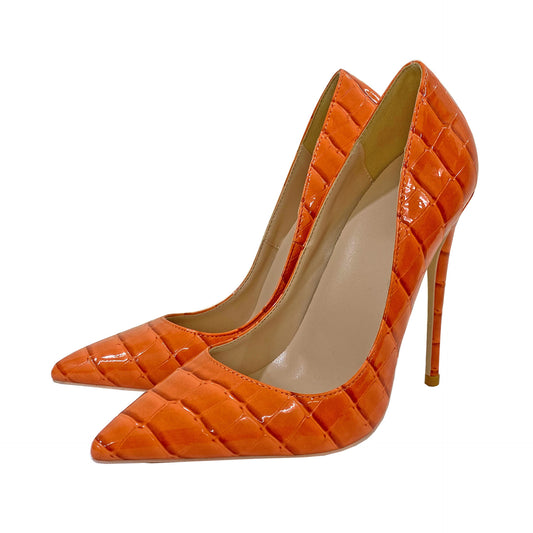 New Orange Snake Pattern High Heels 12Cm Pointed Toe Stiletto Pumps Women's Shoes