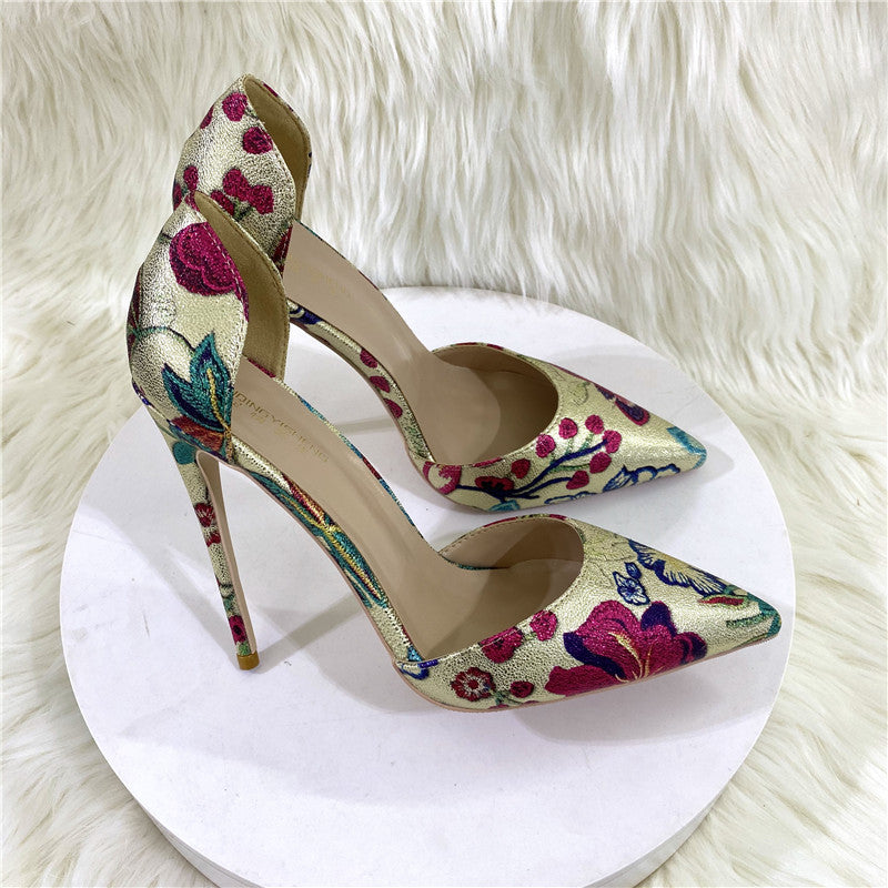 New Gold Embroidered Hollow High Heel Shoes 12CM 10CM 8CM Pointed Thin High Shallow Mouth Single Shoes