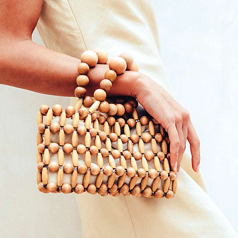Antique New Ins With The Same Hand-Woven Girl From Natural Wood Beads Handbag Retro Bamboo Bag Beach Bag