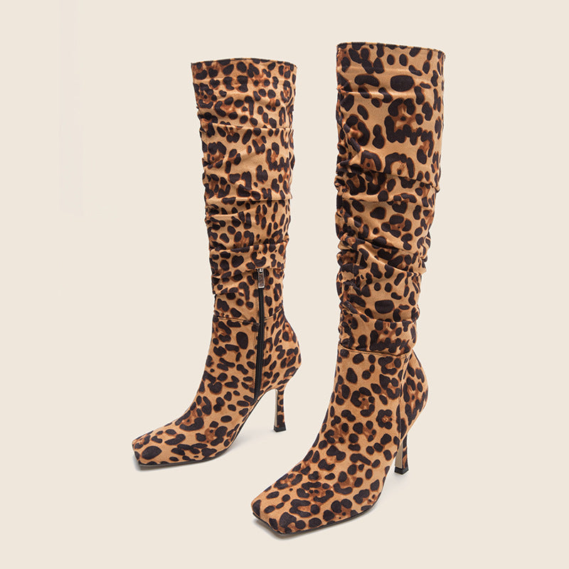 Leopard Print High-Heeled Boots Square Head Thin Heel Boots For Women New Style Autumn And Winter High-Heeled Boots Knee Boots