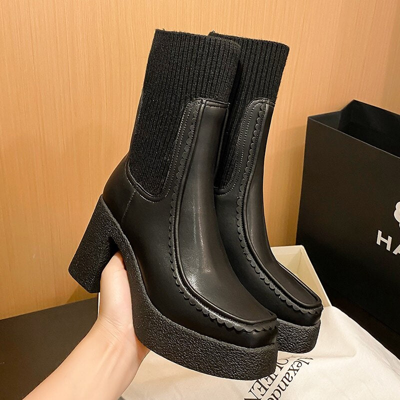 Platform Ankle Boots Woman Shoes Stretch Wool Leather Simple Brand Sock Boots High Heel Autumn Winter Warm Boots